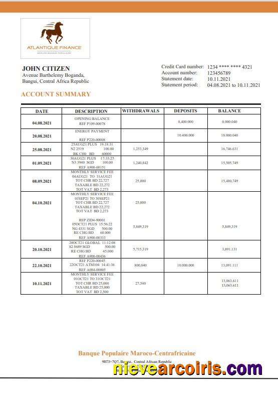 Central African Republic Banque Populaire Maroco Centrafricaine bank statement in Word and PDF format